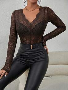 SHEIN Tall CURVE 大尺碼女款 V 領蕾絲透視性感長袖上衣 - 咖啡棕 - 查看 5