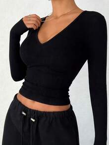 DAZY Áo thun nữ dài tay cổ chữ V ôm sát, kiểu dáng thường ngày, gợi cảm, thích hợp mặc lót bên trong. - màu đen - Xem 5