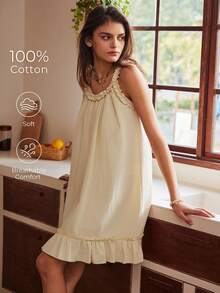 Bohemian Style Spaghetti Strap Women's Nightgown - Khaki - View 1