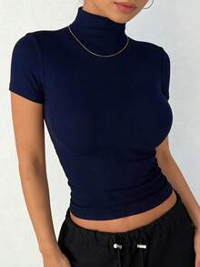DAZY Women's Solid Color Short Sleeve Turtleneck Fitted Undershirt Crop Tops Women - Navy Blue - View 2