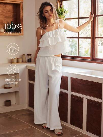 Bohemian Style 100% Cotton Camisole Pajama Set For Women