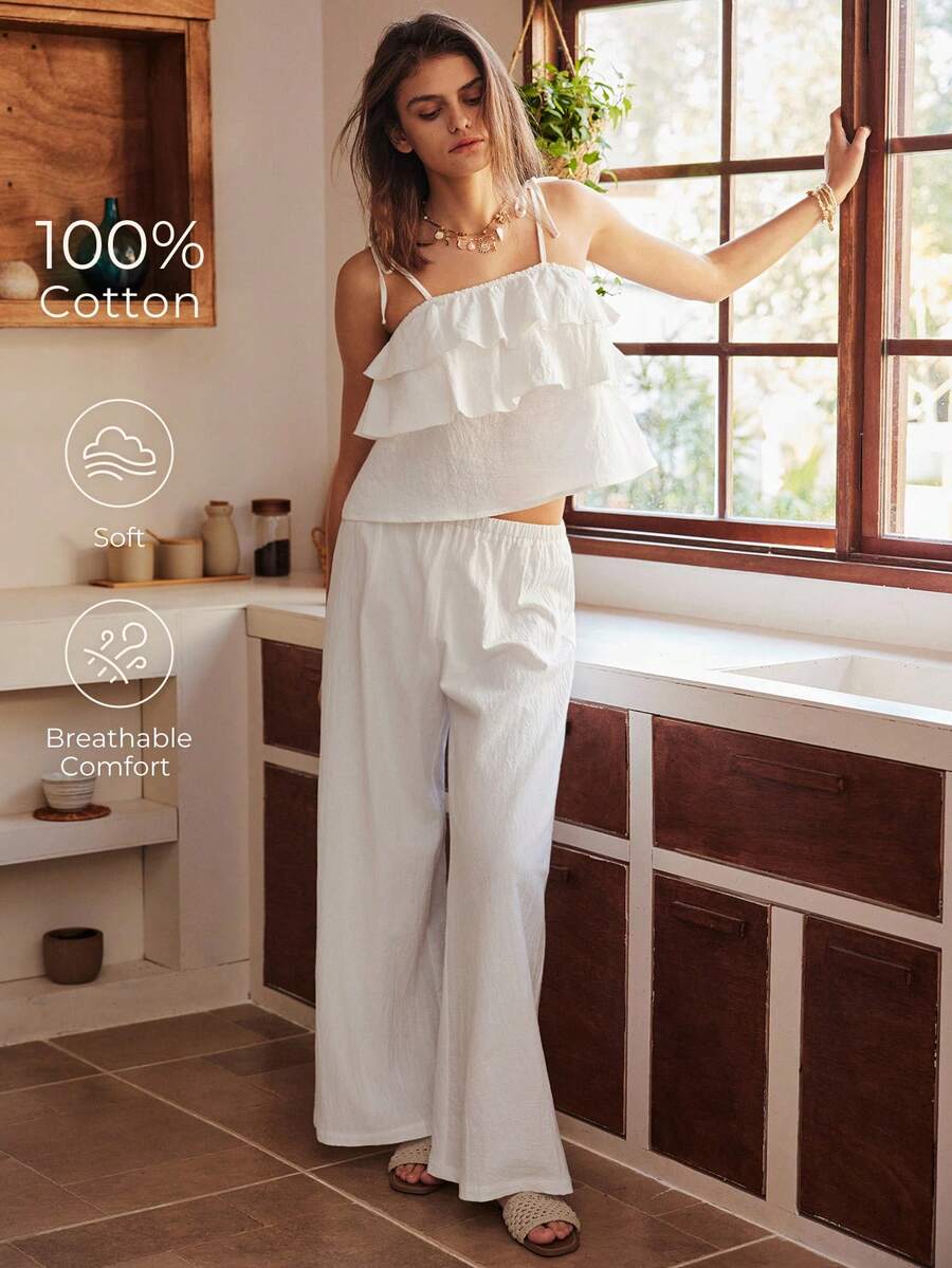 Bohemian Style 100% Cotton Camisole Pajama Set For Women - White - View 1