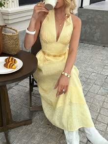 Livesso 夏季假日生日黄色舞会礼服裙，优雅露背吊带收腰度假中长连衣裙，适合女士邮轮旅行穿着，也适合女士吊带裙 - 黃色 - 查看 4