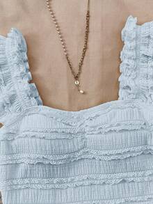 Kids TEEN GIRL Summer Blue Vacation Cap Sleeve Lace Top, Textured Fitted Lace Top, Suitable For Afternoon Tea, Beach Vacation Light Blue Top Teen Teen Ruffle Top Textures Crop Top Summer Tops Textures Crop Top Boack For Tweens Summer Tops Squishy - Dusty Blue - View 4