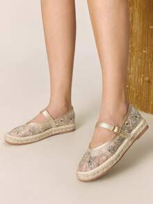 Styleloop Women's Flower Embroidered Buckle Design Fashionable Flat Casual Shoes, Bohemian Style, A Must For Travel, Summer Wear, Holiday Atmosphere - Gold - View 3