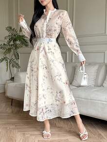 DAZY 女士印花宽松立领衬衫和宽松长裙优雅度假风两件套 - 杏色 - 查看 4