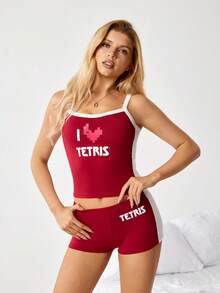 Tetris™ X SHEIN 女士舒适字母印花吊带背心短裤睡衣套装，夏季 - 紅白色 - 查看 3