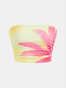SHEIN Girlism Conjunto de top sin mangas con estampado floral tie-dye y falda ajustada para niña preadolescente, corte slim fit, casual, minimalista y cómodo - Mostaza Amarilla - Ver 3