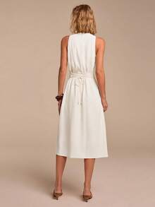 COSMINA Đầm midi chữ A không tay màu trắng bằng vải lanh, thích hợp cho đi làm, đi nghỉ mát, phong cách retro tối giản, thắt eo, có túi. - trắng - Xem 2