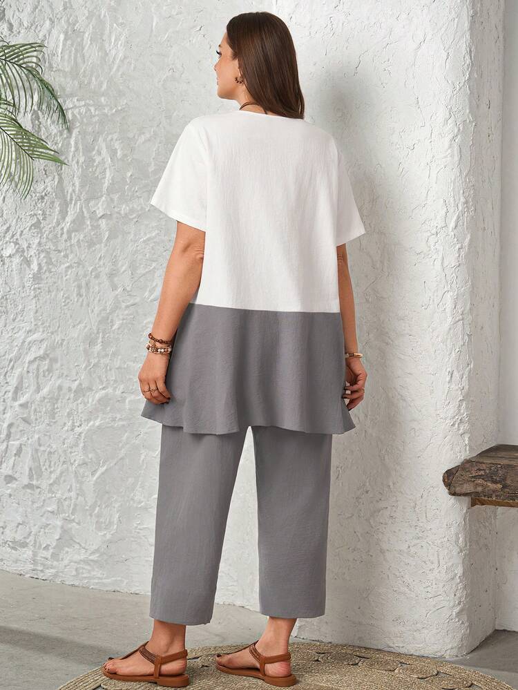 2pc Set  Plus Size Women's Summer Casual Vacation Country Round Neck Short Sleeve Patchwork Contrast Color Pocket Shirt And 3/4 Pants 2 Piece Set, Spring/Summer,Summer\Vacation,Summer Holiday,Spring Break Outfits ,Vacation Outfits Women ,Holiday Outfits For Women,Going Out Outfits,2026 New Clothes,Simple And Fashionable For Everyday Wear,Suitable For Summer, Vacation, Daily Wear,Modest Two Piece Set, Plus Size Summer Sets,Plus Size Pants Set,Boho Set,Boho Pants Set For Women,2 Piece Casual Sets Woman, Short Sleeve Two Piece Set,Two Piece Set Women Comfy