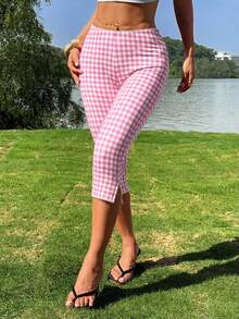 CovetEZ 女士粉色格子针织弹力打底裤 - 粉色 - 查看 6