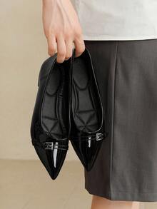 2025新款尖头漆皮平底鞋，酒红色和黑色，优雅法式风格，适合春秋季 - 黑色 - 查看 2