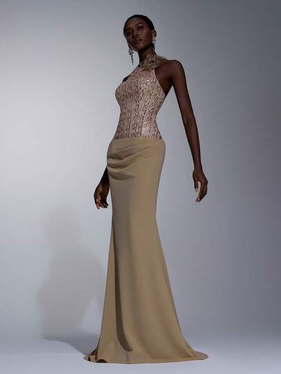 Elitara Elegant, Simple, And Stylish Khaki Sequined Embroidered Stretch Knit Dress With Handmade 3D Flower Embellishments, Stand-Up Collar, Open Back, Mermaid Skirt, And Train. Suitable For Weddings, Bachelorette Parties, Vacations, Proms, And Evening Gowns.