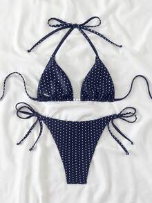 Swim Basics 女士性感两件套波点随机印花挂脖系带珍珠装饰比基尼套装，夏季 - 藏蓝色 - 查看 2