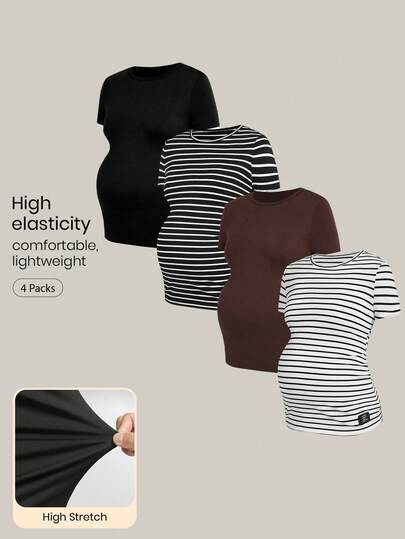 Modmama 4件装孕妇夏季休闲日常通勤百搭纯色及条纹印花短袖T恤