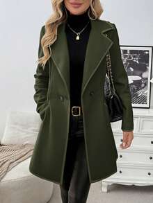 EMERY ROSE 女士优雅休闲通勤黑白拼接长款羊毛混纺大衣 - 軍綠色 - 查看 5