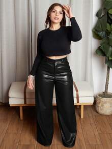 Lupita Cardoza 女士皮革女裤纯色前扣简约休闲裤、日常穿着、女士下装 - 黑色 - 查看 5