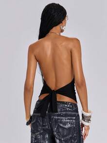 ROMWE Top sin espalda con cuello drapeado, unicolor y versátil, estilo Y2K - Negro - Ver 4