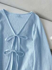 SHEIN LUNE Women's Casual Tie Cuff Flare Sleeve Top Baby Blue Tops Baby Blue Top Women Light Blue Top Blue Top Light Blue Blouse - Baby Blue - View 5