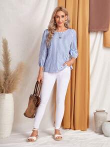 EMERY ROSE Striped Print Round Neck Blouse,Three Quarter Sleeve Tops - Blue and White - View 5