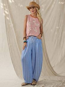 SHEIN LUNE 休闲美式西部复古五角星刺绣撞色拼接女式春夏基础款无袖背心，适合日常、通勤、户外活动穿着 - 藕粉色 - 查看 6