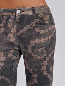 ROMWE Quần jeans ống loe dáng ôm dành cho nữ, phong cách retro Y2K Millennium Baddie, họa tiết hoa cổ điển bạc màu. - màu nâu - Xem 6