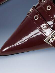 CUCCOO GRLICON Vintage Wine Red Patent Leather Pointed Toe Shoes With Multiple Buckle Decor And Kitten Heels, Motorcycle Style Suitable For Casual, Vacation, Travel In Spring/Summer, 2000s Fashion - Brown - View 4
