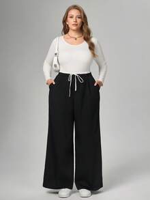 SHEIN Tall CURVE Große Größen Sporthose mit tiefer Taille, kontrastfarbigem Bund, weite Beine, Damen Lässig Hose im Alltags-Lässig-Stil - Schwarz - Übersicht 6