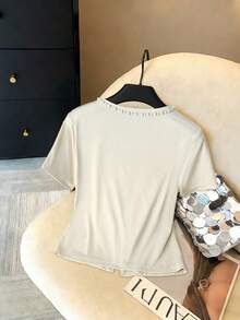 GlowEve Blusa de manga corta de color albaricoque con cuentas de burbuja, elegante y versátil, ideal para el verano - Albaricoque - Ver 2