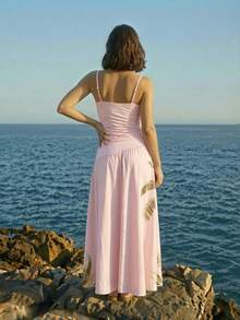 CAJUNI 女士度假风褶皱棕榈树印花休闲时尚吊带连衣裙 - 粉色 - 查看 2