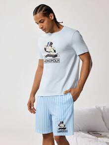 MONOPOLY X SHEIN Men's Round Neck Letter & Cartoon Print Short Sleeve Top And Shorts Casual Loungewear Set - Baby Blue - View 4