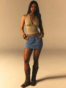 Athîral 女士休闲度假佩斯利提花牛仔蓝半身裙 - 中等水洗藍 - 查看 3