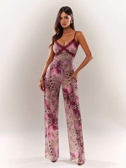 Radiana Women's Sexy Distinctive Purple Red Lace Trim Decorative Tie-Dye Animal Print Mesh Printed Jumpsuit, Leopard Print Jumpsuit, Snake Print Jumpsuit, Fitted Jumpsuit, Wide Leg Jumpsuit, Sheer Jumpsuit, Suitable For Daily Casual Outings, Nighttime, Gatherings, Dates, Parties, Clubs, Nightclubs, Carnivals, Music Festivals, Electronic Music Festivals, Concerts, Holidays, Beaches, Vacation