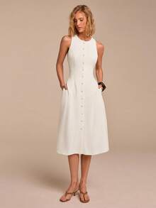 COSMINA Đầm midi chữ A không tay màu trắng bằng vải lanh, thích hợp cho đi làm, đi nghỉ mát, phong cách retro tối giản, thắt eo, có túi. - trắng - Xem 6