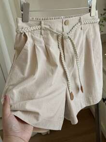 INAWLY 棉麻编织腰带高腰口袋短裤 - 杏色 - 查看 3