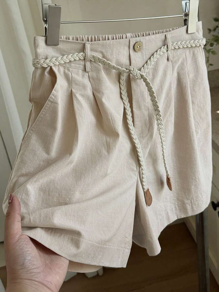 INAWLY Pantalones cortos de cintura alta con bolsillos, tejidos en algodón y lino - Albaricoque - Ver 1