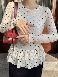 FRIFUL Women's Polka Dot Round Neck Pleated Fashionable Versatile Daily Wear Long Sleeve Top - Beige - View 4