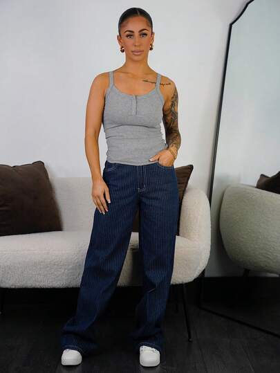 SAYEHFBABY Women's Summer Blue Striped Letter Print Denim Jeans, Going Out, Vintage, Streetwear, Western Wear Women