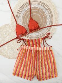 Swim Vcay-D 女士春夏提花面料挂脖三件套比基尼套装 - 彩色 - 查看 2