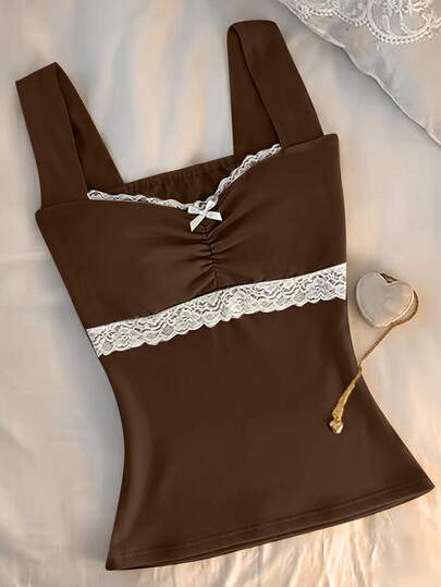 Glimmora Women's Bow Decor Contrast Lace Thick Strap Top