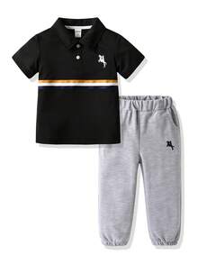 SHEIN Streecool Kids 2pcs/Set Young Boy Summer Casual Contrast Stripe T-Shirt And Pants Set - Black - View 3