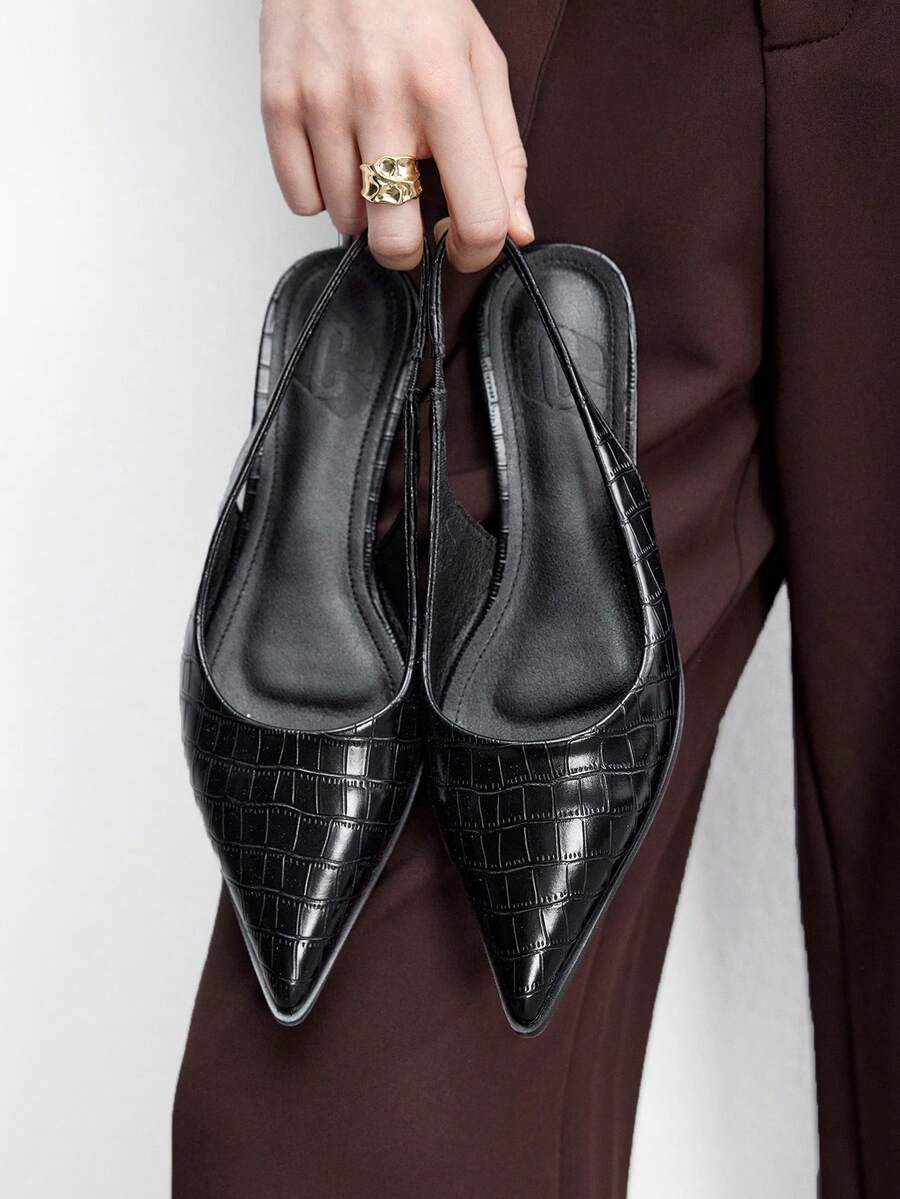 CUCCOO BIZCHIC Pointed Toe Flats, Female Crocodile Pattern Versatile Commuting Low Vamp Shoes, Thin Slip-On Shoes - Crocodile black - View 1