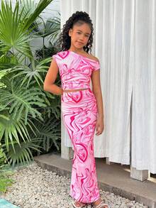 Tween Girls' Spring/Summer Beach Vacation Pink Marble Pattern Sleeveless Crop Top + Fitted Skirt 2-Piece Set - Pink - View 1