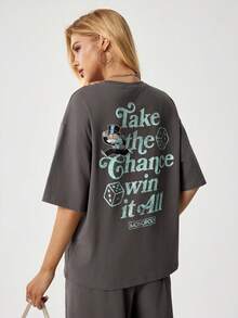 MONOPOLY X SHEIN 女士休闲标语印花T恤和裤子两件套，夏季 - 深灰色 - 查看 1