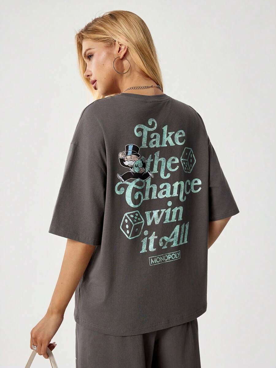 MONOPOLY X SHEIN 女士休闲标语印花T恤和裤子两件套，夏季 - 深灰色 - 查看 1