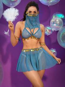 Conjunto de 6 piezas de lencería sexy de malla para mujer - Agua verde azul - Ver 1