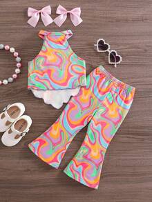 SHEIN 2pcs Baby Girl Knitted Sleeveless Vest And Flared Pants Set - Multicolor - View 2