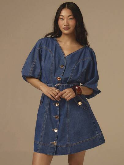 COSMINA Women's V-Neck Metal Single-Breasted Short Petal Sleeve Casual Denim Dress