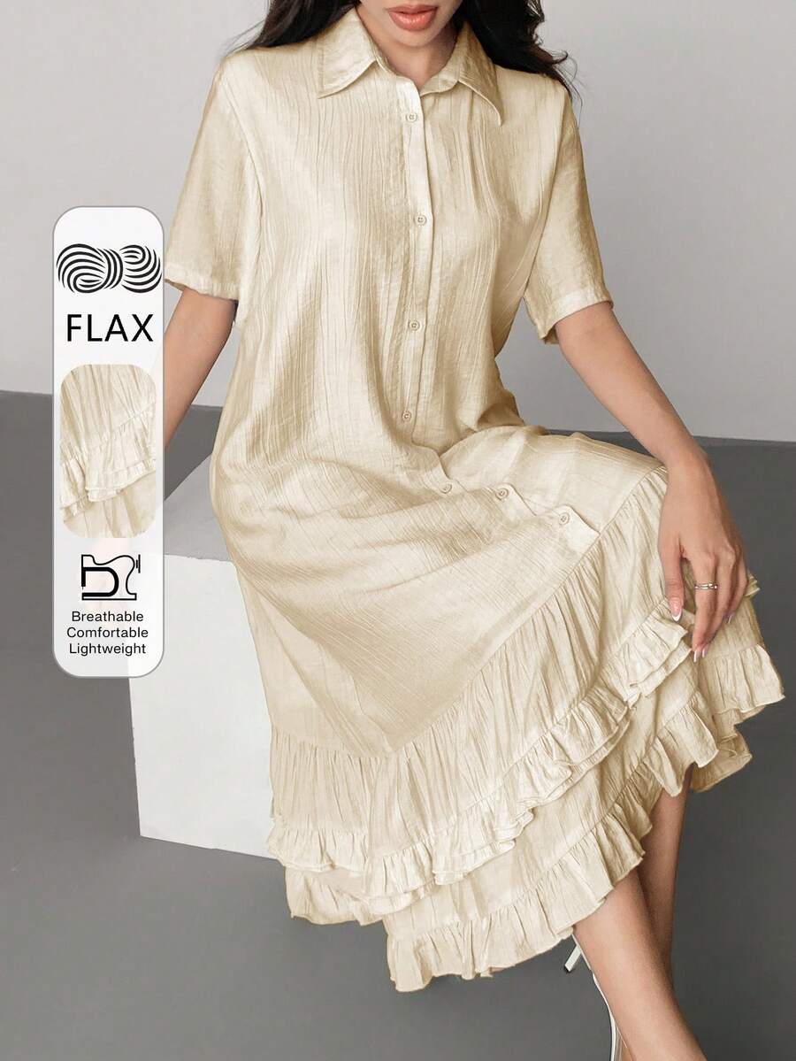 DAZY Women's Elegant Ruffled Collar Loose Mid-Length Dress Sundress Summer - Apricot - View 1