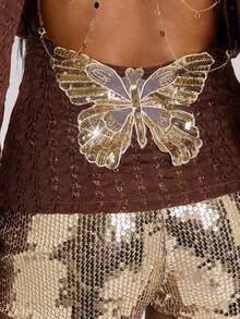 ROMWE Y2K Spring/Summer Vacation Sexy Avant-Garde Backless Deep Draped Neck Flare Sleeve Chain Sheer Crochet Blouse For Women - Brown - View 7